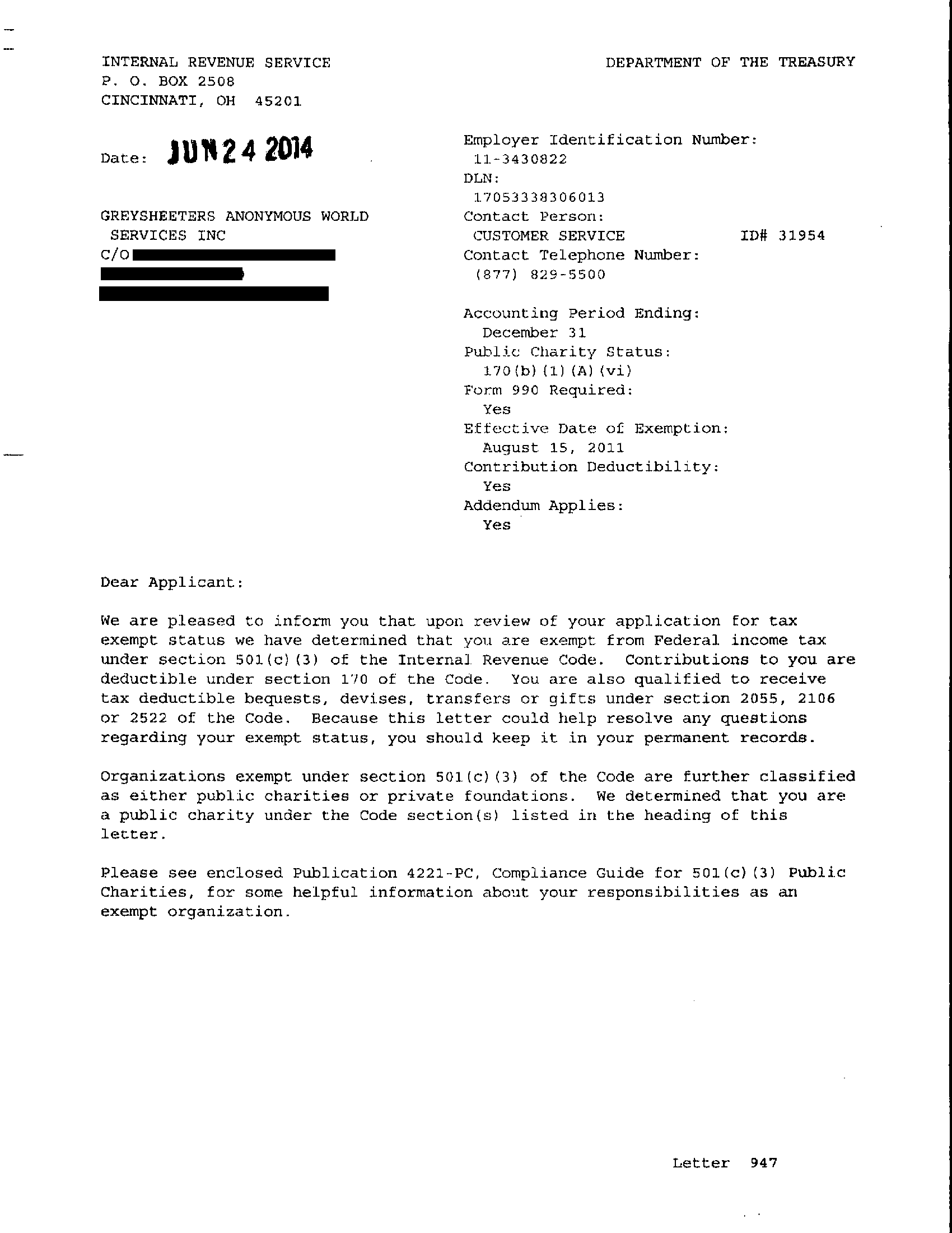 Scanned copy of IRS Final Letter of Determination of tax-exempt status for GSAWS, Inc, dated June 24, 2014. Name and address of agent are redacted to protect member anonymity.